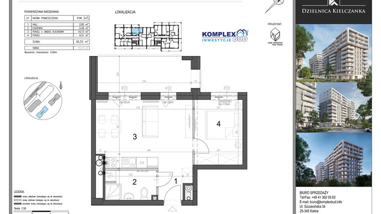 Rzut - Mieszkanie na sprzedaż 2 pokoje o powierzchni 36,55 m² - numer 39 w Dzielnica Kielczanka etap II