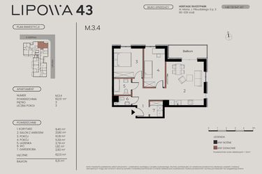 Rzut - Mieszkanie na sprzedaż 3 pokoje o powierzchni 62,13 m² - numer M.3.4 w Lipowa 43