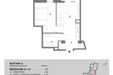 Rzut - Mieszkanie na sprzedaż 2 pokoje o powierzchni 43,99 m² - numer A1.1.8 w ATAL Grabiszyn