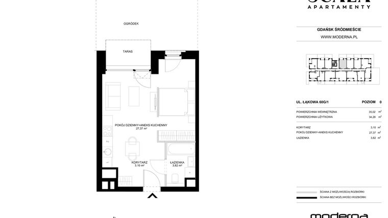 Rzut - Mieszkanie na sprzedaż 1 pokój o powierzchni 35,02 m² - numer G-1 (C) w Scala