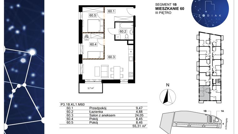 Rzut - Mieszkanie na sprzedaż 3 pokoje o powierzchni 55,31 m² - numer 39/60 w Zodiak