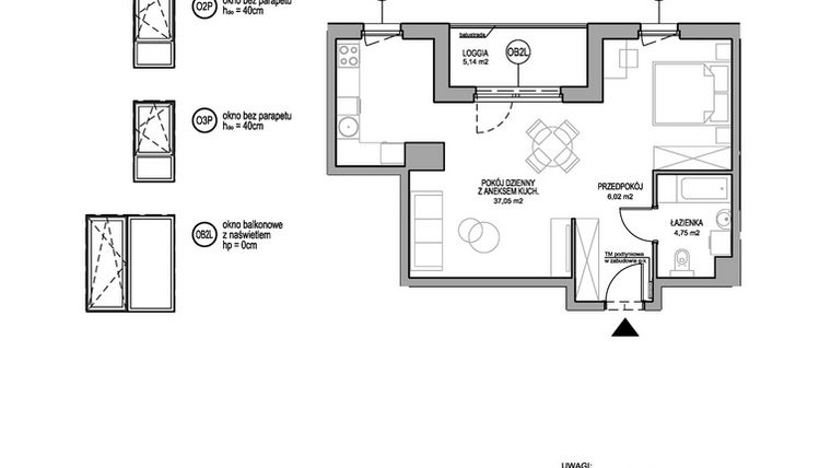 Rzut - Mieszkanie na sprzedaż 1 pokój o powierzchni 47,82 m² - numer D.1.3.1 w Rumia Centralna