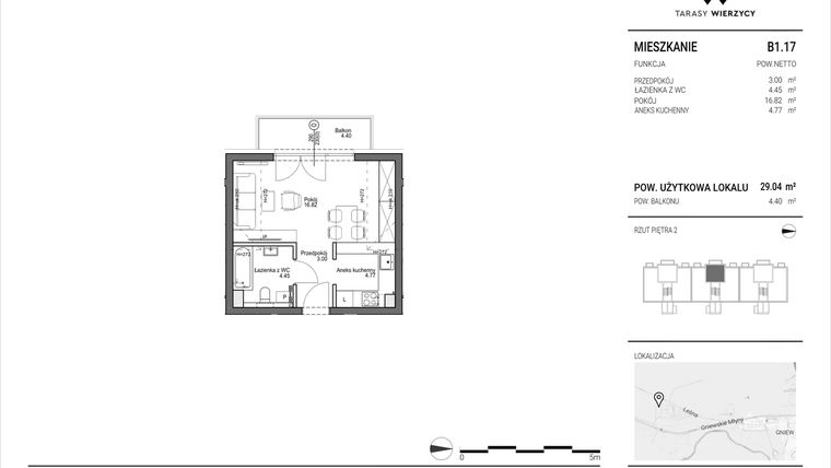 Rzut - Mieszkanie na sprzedaż 1 pokój o powierzchni 29,04 m² - numer B1.17 w Tarasy Wierzycy