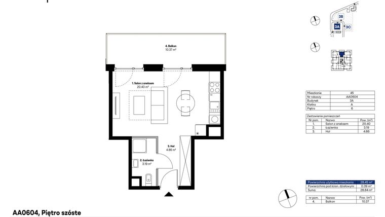 Rzut - Mieszkanie na sprzedaż 1 pokój o powierzchni 28,45 m² - numer AA0604 w NU3 Warszawa Wola