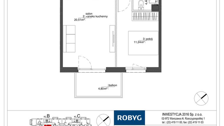 Rzut - Mieszkanie na sprzedaż 2 pokoje o powierzchni 40,34 m² - numer RM/2A/B/3/3 w Rytm Mokotowa - etap 2A