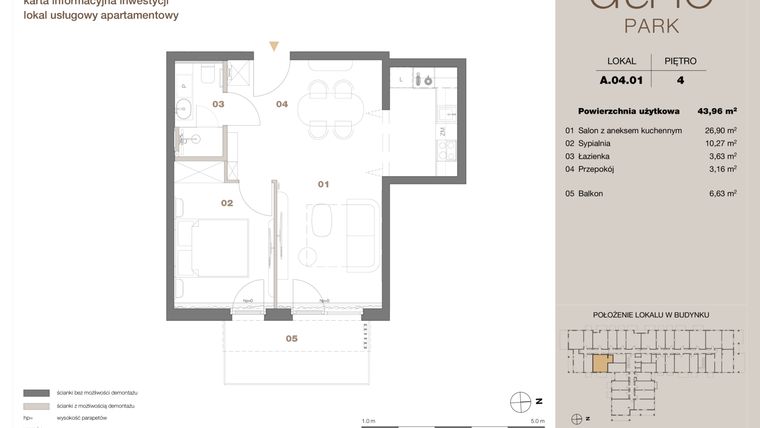 Rzut - Mieszkanie na sprzedaż 2 pokoje o powierzchni 43,96 m² - numer A 04.01 w DUNE Park