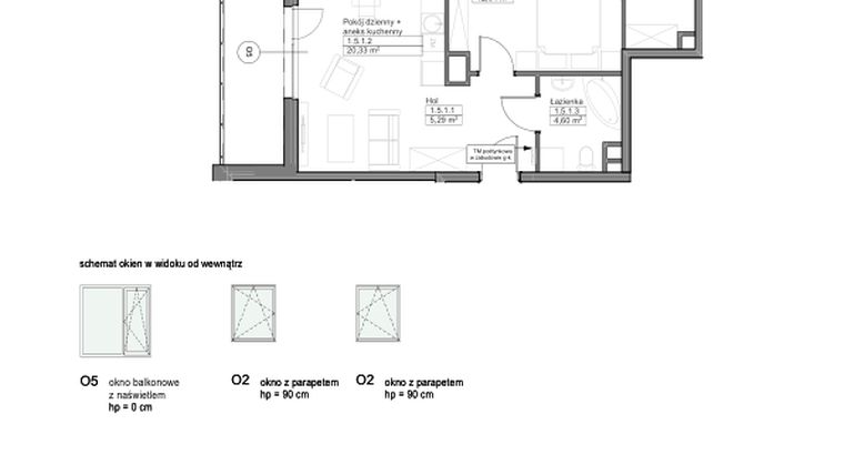Rzut - Mieszkanie na sprzedaż 2 pokoje o powierzchni 47,22 m² - numer B.1.5.1 w Optima VIII