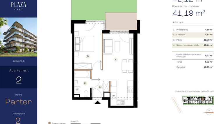Rzut - Mieszkanie na sprzedaż 2 pokoje o powierzchni 42,12 m² - numer B5M2 w Plaza City