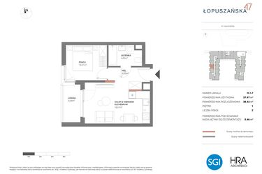 Rzut - Mieszkanie na sprzedaż 2 pokoje o powierzchni 38,43 m² - numer H.1.7 w Łopuszańska 47 - etap 3