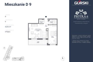 Rzut - Mieszkanie na sprzedaż 2 pokoje o powierzchni 52,92 m² - numer D9 w Św. Piotra