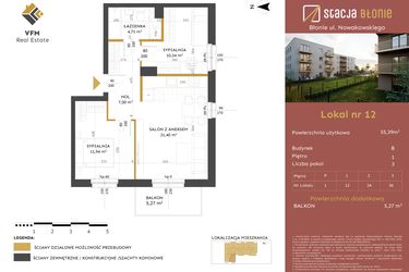 Rzut - Mieszkanie na sprzedaż 3 pokoje o powierzchni 55,39 m² - numer 12 w Stacja Błonie etap II