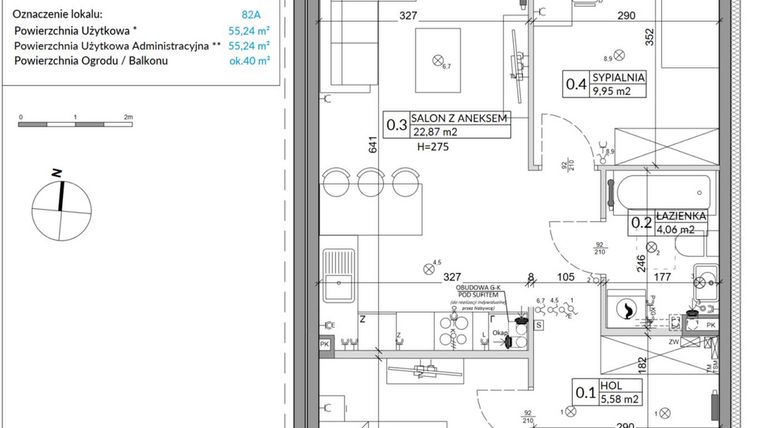 Rzut - Mieszkanie na sprzedaż 3 pokoje o powierzchni 55,24 m² - numer 82A w Osiedle Młodych etap VII