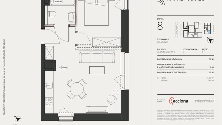 Rzut - Mieszkanie na sprzedaż 1 pokój o powierzchni 39,51 m² - numer 4.8 w Kamienna 28 - apartamenty inwestycyjne