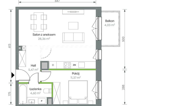 Rzut - Mieszkanie na sprzedaż 2 pokoje o powierzchni 49,8 m² - numer 3/B/3/59 w Oliwska Vita