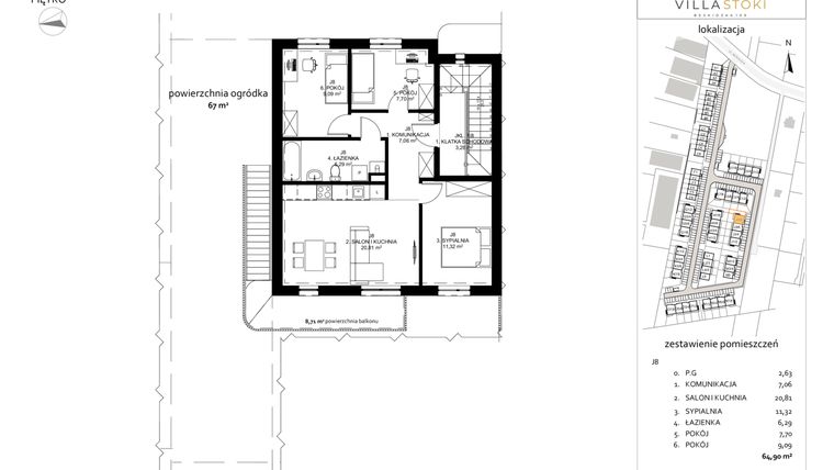 Rzut - Mieszkanie na sprzedaż 4 pokoje o powierzchni 64,9 m² - numer J8 w Villa Stoki (mieszkania)
