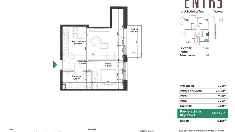 Rzut - Mieszkanie na sprzedaż 2 pokoje o powierzchni 39,04 m² - numer 116A-M14 w Entre