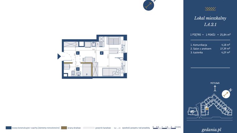 Rzut - Mieszkanie na sprzedaż 1 pokój o powierzchni 25,84 m² - numer I.A.2.1 w GEDANIA Riverside Living