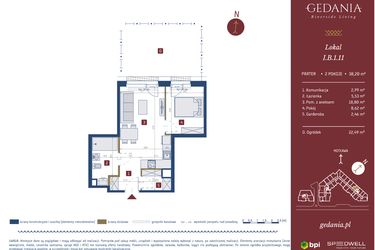 Rzut - Mieszkanie na sprzedaż 2 pokoje o powierzchni 38,2 m² - numer I.B.1.11 w GEDANIA Riverside Living - apartamenty inwestycyjne