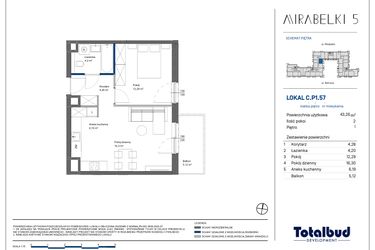 Rzut - Mieszkanie na sprzedaż 2 pokoje o powierzchni 43,26 m² - numer C.P1.57 w Mirabelki 5