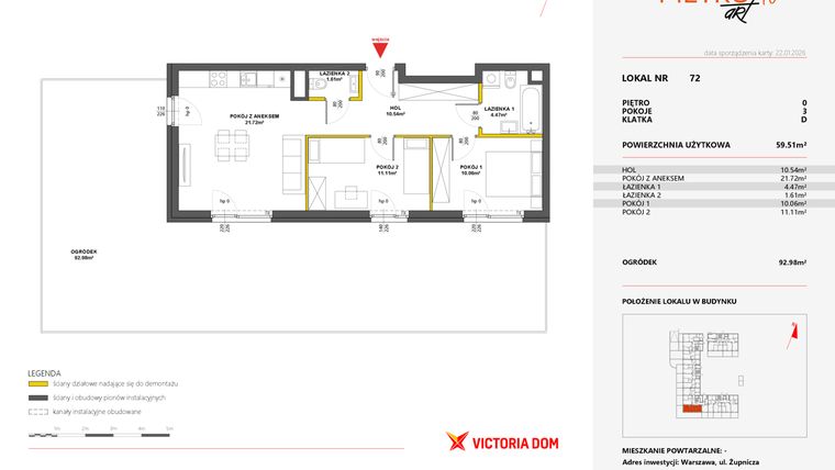 Rzut - Mieszkanie na sprzedaż 3 pokoje o powierzchni 59,47 m² - numer 72 w Metro Art 10