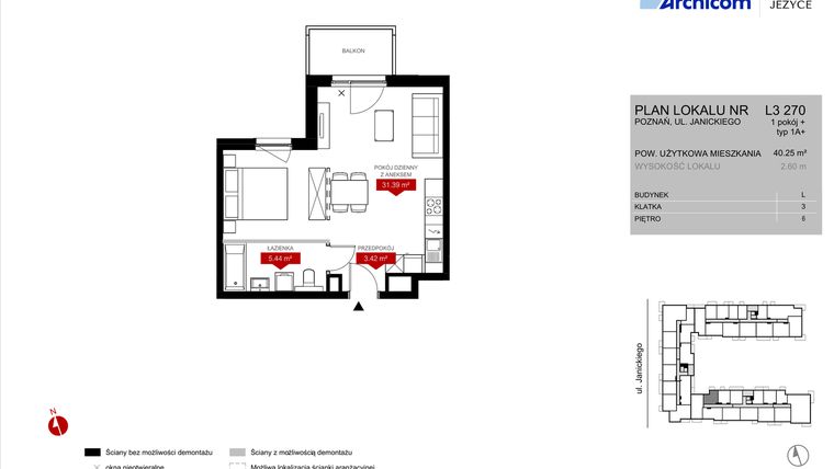 Rzut - Mieszkanie na sprzedaż 1 pokój o powierzchni 40,24 m² - numer L3.270 w Wieża Jeżyce etap VI