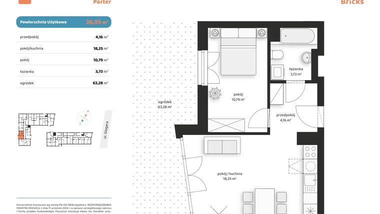 Rzut - Mieszkanie na sprzedaż 2 pokoje o powierzchni 36,93 m² - numer M IV.0.4 w Glogera Bricks