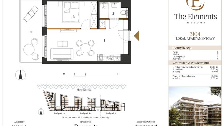 Rzut - Mieszkanie na sprzedaż 2 pokoje o powierzchni 38,91 m² - numer B3104 w The Elements Resort