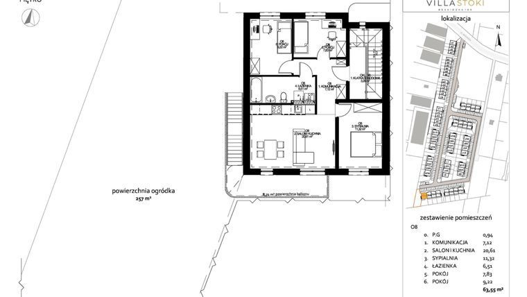 Rzut - Mieszkanie na sprzedaż 4 pokoje o powierzchni 63,55 m² - numer O8 w Villa Stoki (mieszkania)