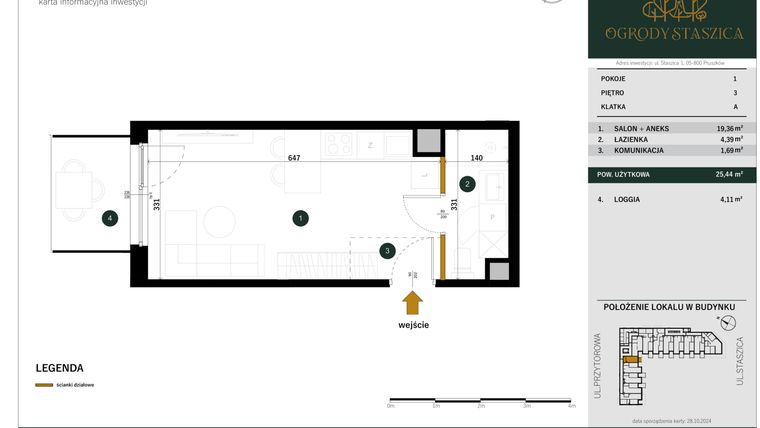 Rzut - Mieszkanie na sprzedaż 1 pokój o powierzchni 25,44 m² - numer A.22 w Ogrody Staszica