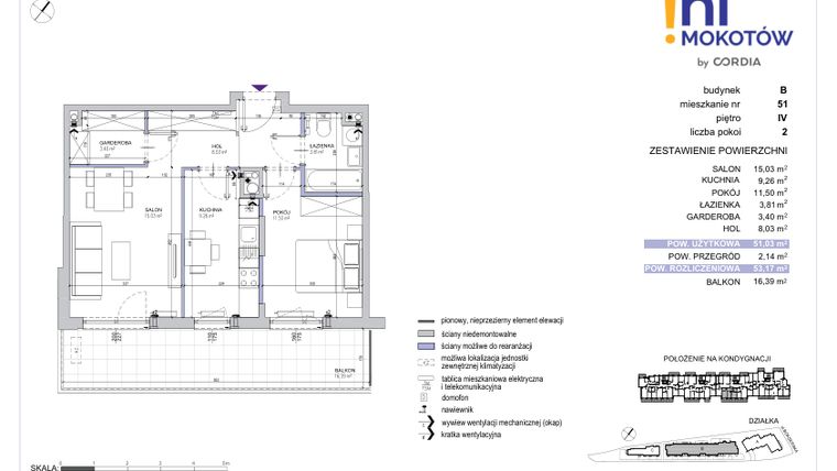 Rzut - Mieszkanie na sprzedaż 2 pokoje o powierzchni 53,17 m² - numer A1.B.51 w Hi Mokotów