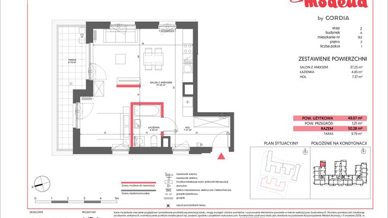 Rzut - Mieszkanie na sprzedaż 1 pokój o powierzchni 49,07 m² - numer A.162 w Modena II