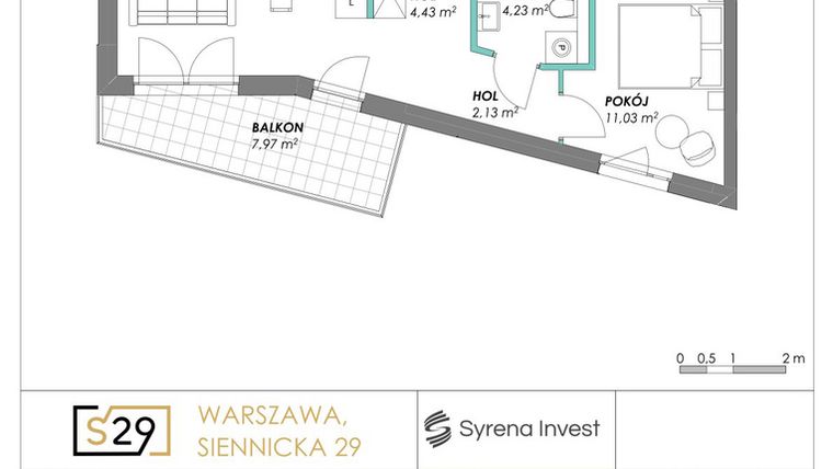 Rzut - Mieszkanie na sprzedaż 2 pokoje o powierzchni 42,11 m² - numer 21 w Siennicka 29