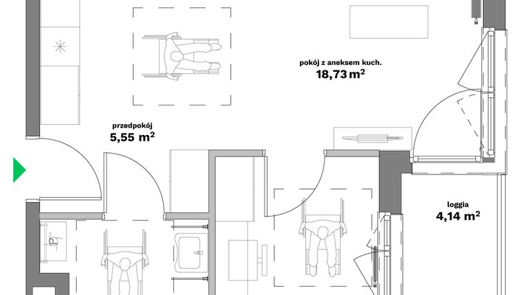 Rzut - Mieszkanie na sprzedaż 2 pokoje o powierzchni 37,49 m² - numer B2-6 w Forma Otwarta etap II