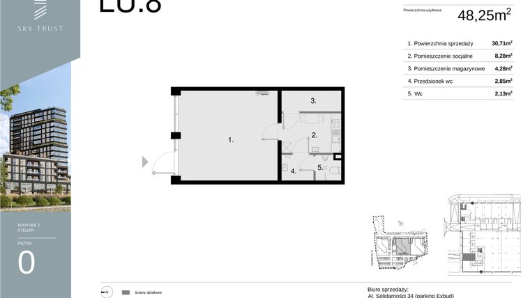 Rzut - Lokal użytkowy na sprzedaż 1 pokój o powierzchni 48,25 m² - numer LU8 w Sky Trust etap II