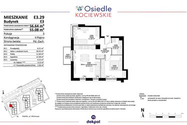 Rzut - Mieszkanie na sprzedaż 3 pokoje o powierzchni 55,08 m² - numer E3.29 w Osiedle Kociewskie bud. E