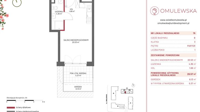 Rzut - Mieszkanie na sprzedaż 1 pokój o powierzchni 26,57 m² - numer B/76 w Omulewska