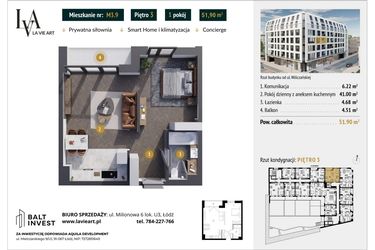 Rzut - Mieszkanie na sprzedaż 1 pokój o powierzchni 51,9 m² - numer M3.9 w La Vie Art
