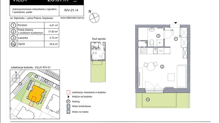 Rzut - Mieszkanie na sprzedaż 1 pokój o powierzchni 25,57 m² - numer R_V-21_4 w os. Dąbrówka – Leśna Polana