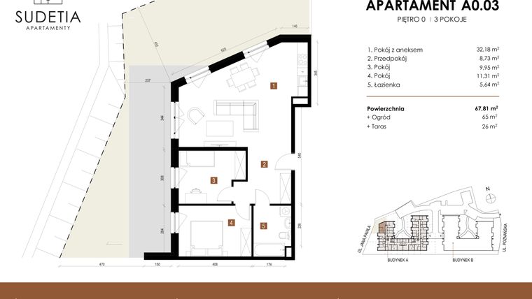 Rzut - Mieszkanie na sprzedaż 3 pokoje o powierzchni 67,81 m² - numer A 0.03 w Apartamenty Sudetia