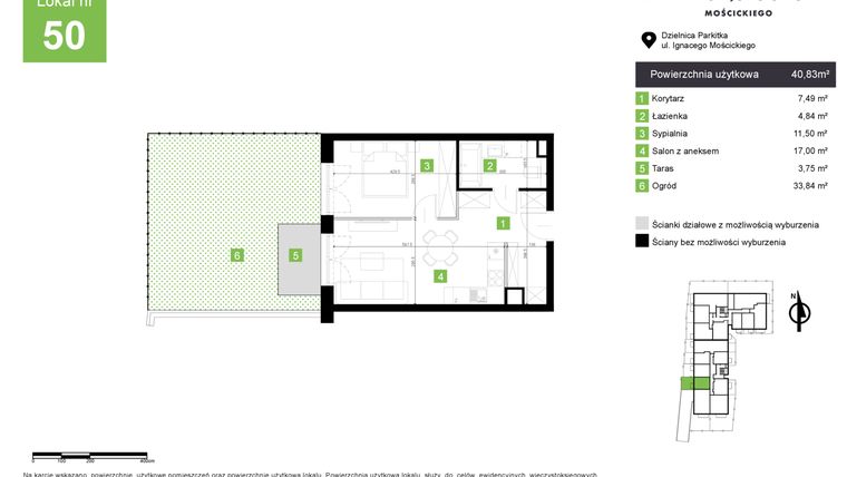 Rzut - Mieszkanie na sprzedaż 2 pokoje o powierzchni 40,83 m² - numer M50 w Nowa Częstochowa Mościckiego