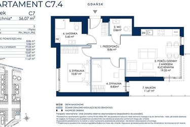 Rzut - Mieszkanie na sprzedaż 3 pokoje o powierzchni 56,38 m² - numer C7.4 w Sol Marina etap III