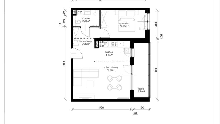 Rzut - Mieszkanie na sprzedaż 2 pokoje o powierzchni 47,95 m² - numer F.1.13.2k w Art.Teo etap 3