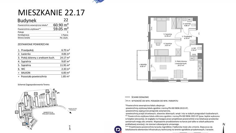 Rzut - Mieszkanie na sprzedaż 3 pokoje o powierzchni 59,05 m² - numer 22.17 w Osiedle Pastelowe etap IV