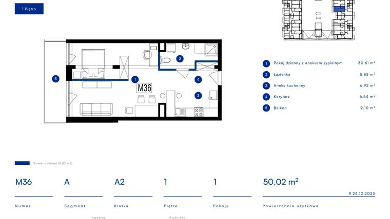 Rzut - Mieszkanie na sprzedaż 1 pokój o powierzchni 50,02 m² - numer 36A w Przy Bursztynowej