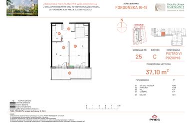 Rzut - Mieszkanie na sprzedaż 2 pokoje o powierzchni 37,1 m² - numer 16.25 w Osiedle Nowe Horyzonty etap II