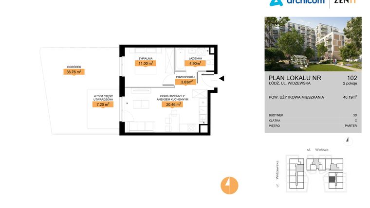 Rzut - Mieszkanie na sprzedaż 2 pokoje o powierzchni 40,19 m² - numer 3D.102 w Zenit III
