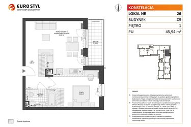 Rzut - Mieszkanie na sprzedaż 2 pokoje o powierzchni 45,94 m² - numer C9.26 w Konstelacja etap V