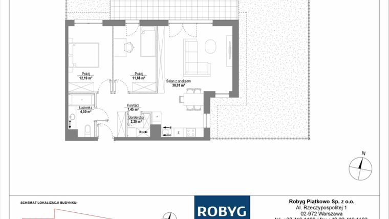 Rzut - Mieszkanie na sprzedaż 3 pokoje o powierzchni 68,1 m² - numer H2_0M03 w Piątkowo Residence etap II