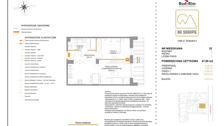 Rzut - Mieszkanie na sprzedaż 2 pokoje o powierzchni 47,59 m² - numer B22 w Na Skarpie bud. B