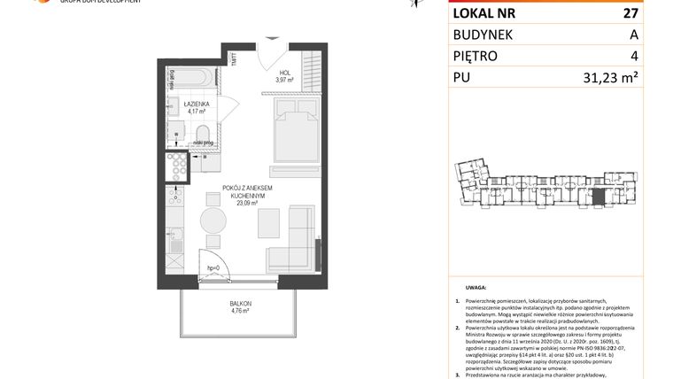 Rzut - Mieszkanie na sprzedaż 1 pokój o powierzchni 31,23 m² - numer A27 w Osiedle Warszawska etap IV